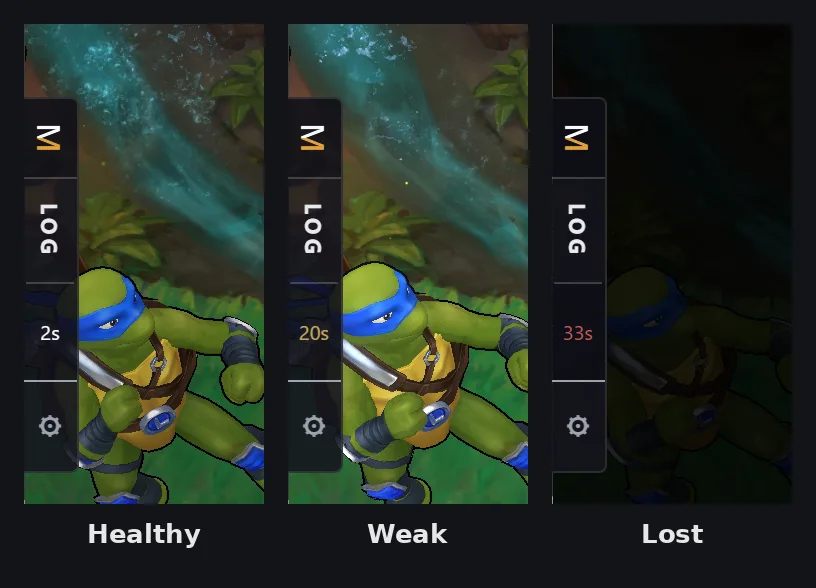 Arena Signal latency indicator shown in healthy, weak, and lost states