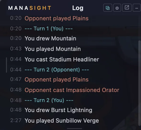 Manasight Log panel showing live match events turn by turn